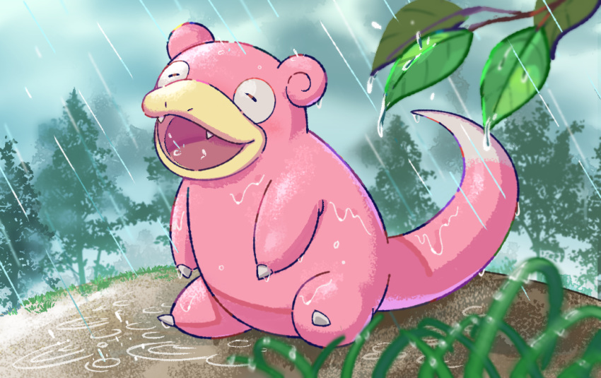 closed_eyes commentary_request day fangs full_body gen_1_pokemon grass happy kakuzatou_(boxxxsugar) leaf no_humans open_mouth outdoors pink_skin pokemon pokemon_(creature) rain sitting slowpoke solo tongue tree water wet