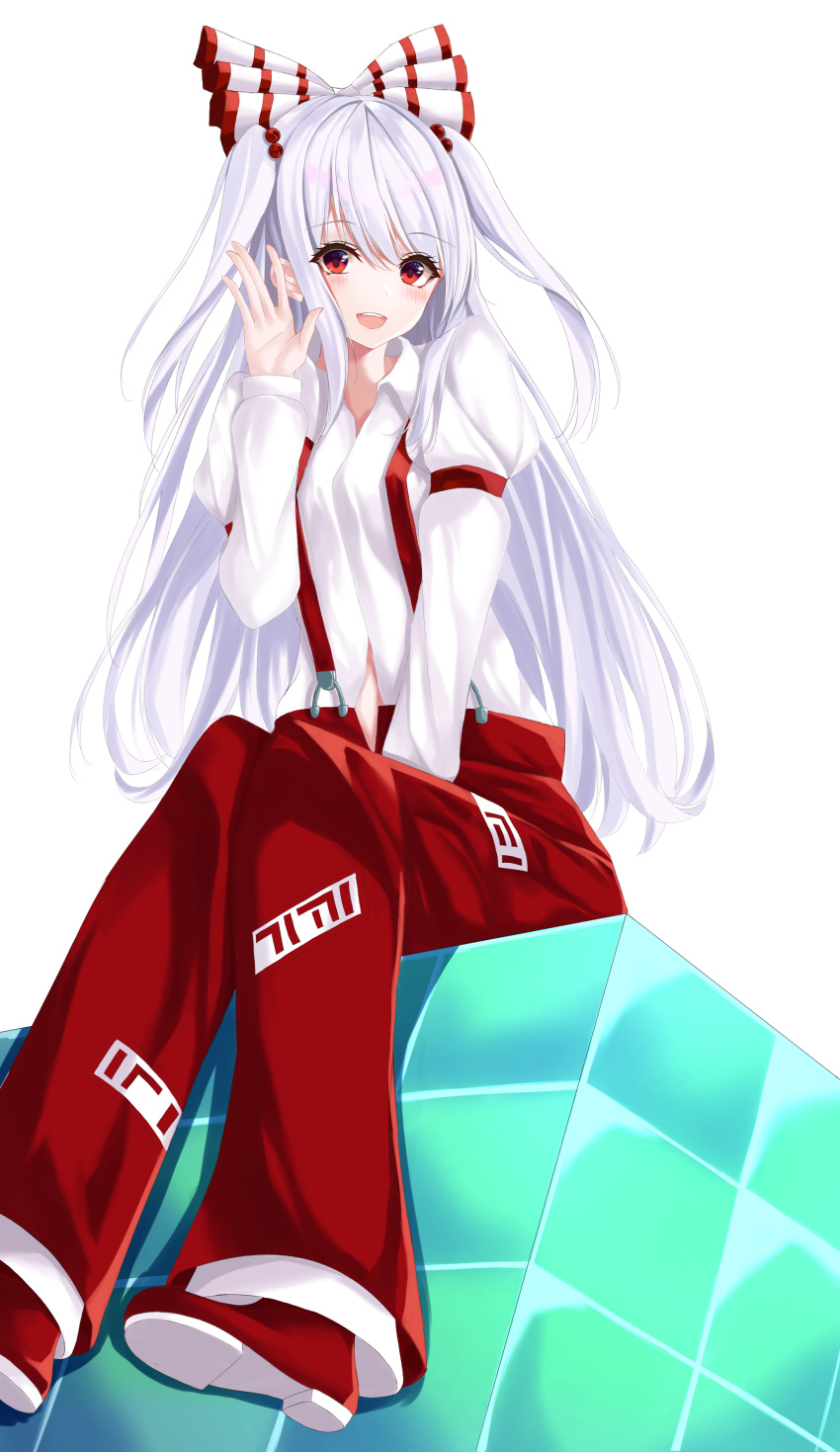 1girl absurdres alternate_hairstyle arm_up armband between_legs commentary_request cube dutch_angle eyebrows_visible_through_hair fujiwara_no_mokou hair_between_eyes hair_bobbles hair_ornament hair_ribbon hand_between_legs highres kure:kuroha light_blush long_hair long_sleeves looking_at_viewer ofuda open_mouth pants partial_commentary red_eyes red_footwear red_pants ribbon shirt simple_background sitting solo suspenders touhou two_side_up upper_teeth very_long_hair white_background white_hair white_shirt