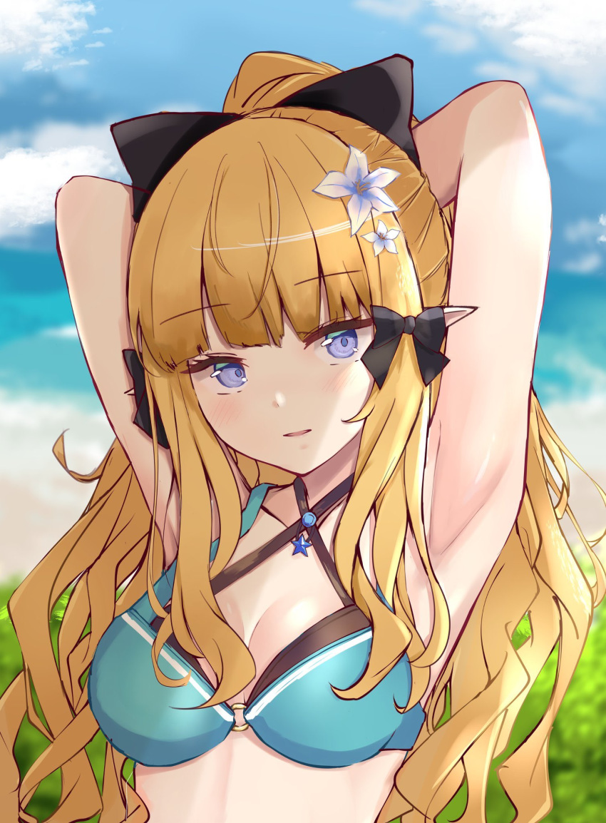 1girl 1x4v4 armpits bangs bikini black_bow blonde_hair blue_eyes blush bow breasts elf eyebrows_visible_through_hair flower hair_bow hair_flower hair_ornament highres large_breasts long_hair looking_at_viewer open_mouth pointy_ears ponytail princess_connect! princess_connect!_re:dive saren_(princess_connect!) smile solo swimsuit