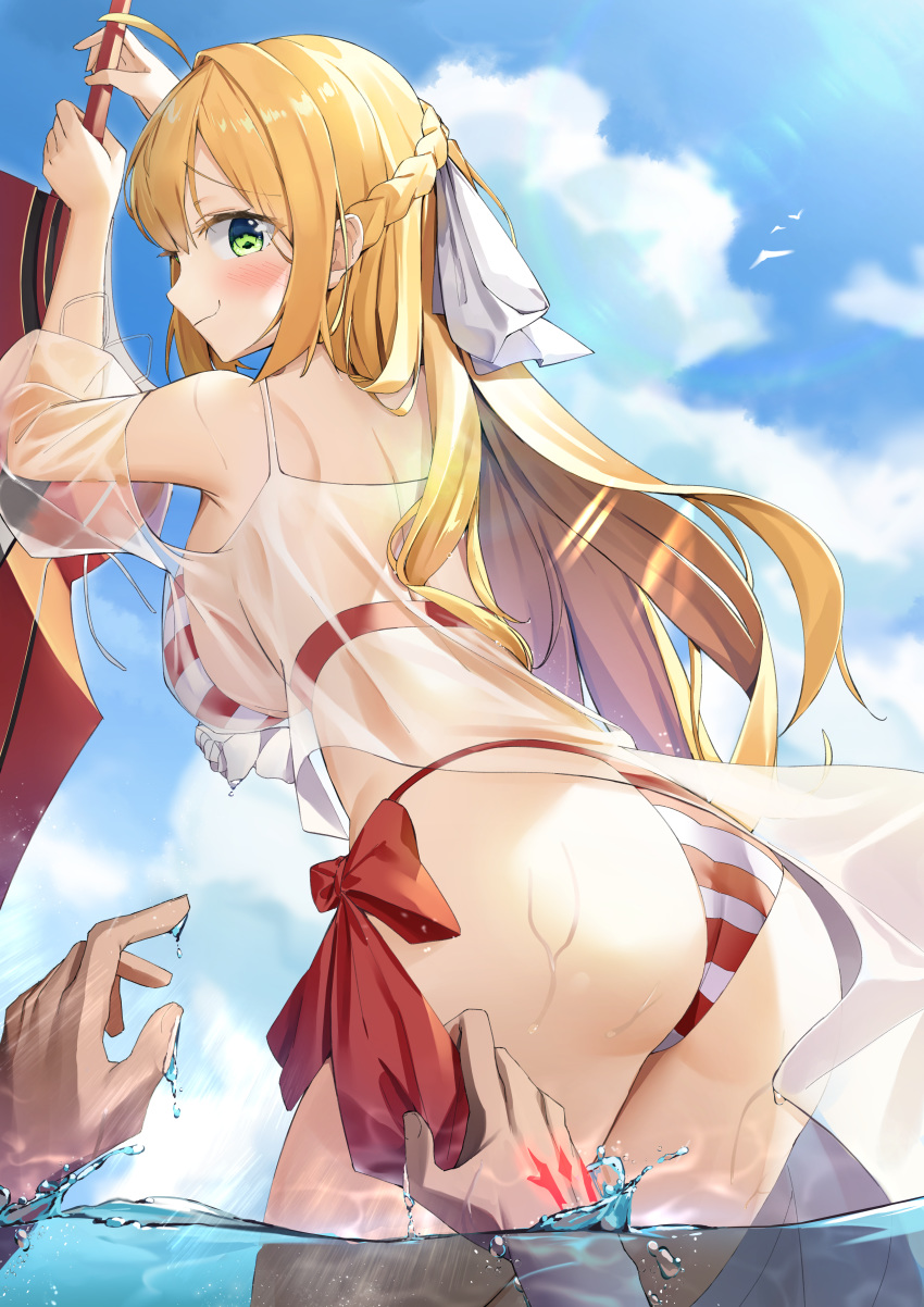 1girl absurdres ahoge alternate_hairstyle ass bangs bare_shoulders bikini blonde_hair blue_sky blush braid breasts clouds commentary criss-cross_halter day eyebrows_visible_through_hair fate/grand_order fate_(series) green_eyes hair_between_eyes hair_intakes hair_ribbon halterneck highres huge_filesize large_breasts long_hair looking_at_viewer looking_back nero_claudius_(fate)_(all) nero_claudius_(swimsuit_caster)_(fate) ocean outdoors pov pov_hands red_bikini ribbon see-through side-tie_bikini sidelocks sky smile sog-igeobughae solo_focus striped striped_bikini swimsuit twintails very_long_hair wading water wet white_ribbon