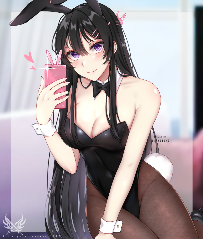 1girl animal_ears artist_logo artist_name black_hair black_legwear black_leotard black_neckwear blurry bow bowtie bunny_girl bunny_hair_ornament bunny_tail bunnysuit cellphone collar cowboy_shot depth_of_field detached_collar fake_animal_ears hair_ornament hairclip highres leotard long_hair looking_at_viewer pantyhose phone rabbit_ears sakurajima_mai seishun_buta_yarou sitting solo strapless strapless_leotard tail tohkatana_katsumi violet_eyes white_collar wrist_cuffs