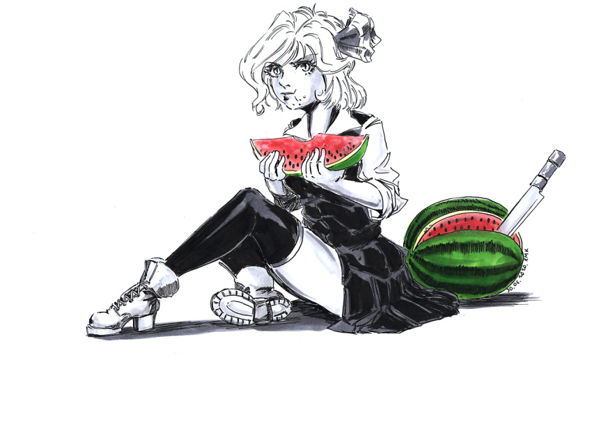 1girl black_legwear black_skirt black_vest boots closed_mouth collared_shirt dated eating food fruit full_body hair_ribbon knife on_floor ribbon rumia rumiak shirt short_hair signature simple_background sitting sitting_on_floor skirt sleeves_rolled_up slit_pupils solo thigh-highs touhou traditional_media vest watermelon wavy_hair white_background white_shirt