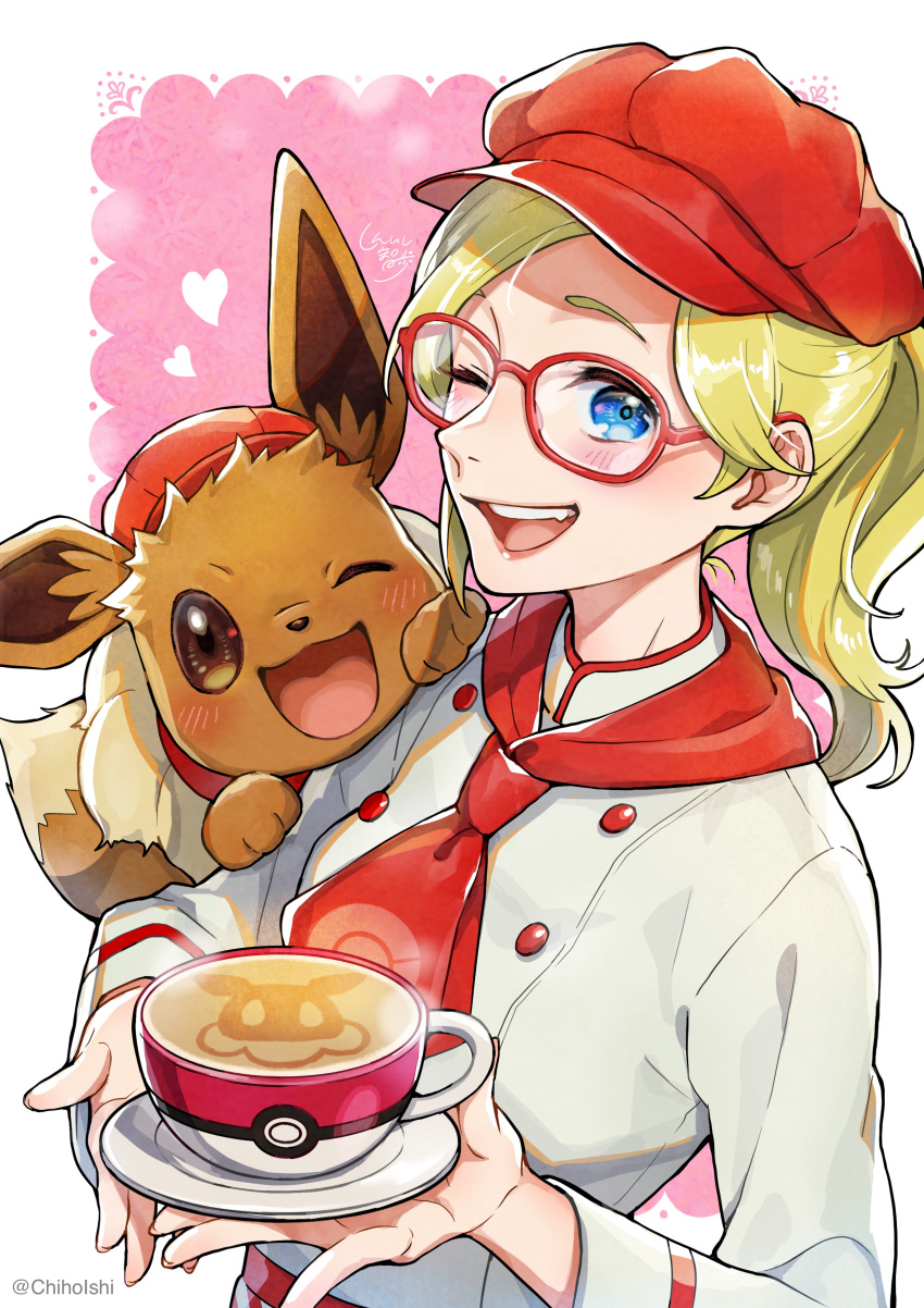 1girl ;d absurdres artist_name blonde_hair blue_eyes blush buttons character_request commentary_request cup eevee eyelashes gen_1_pokemon glasses hat heart highres holding_saucer long_hair looking_at_viewer one_eye_closed open_mouth piroshiki123 pokemon pokemon_(creature) pokemon_(game) pokemon_cafe_mix pokemon_on_arm red-framed_eyewear red_headwear saucer smile teacup teeth tongue watermark