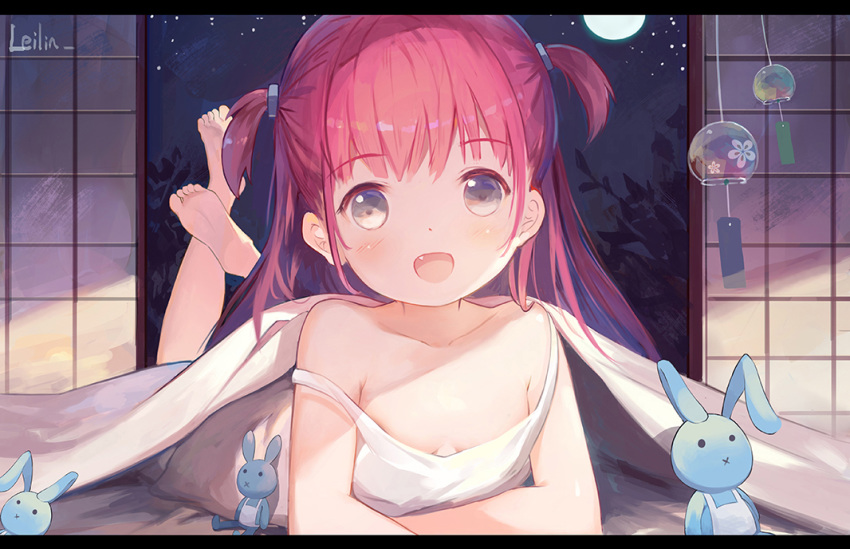 1girl :d :x bangs bare_arms bare_shoulders barefoot blush breasts brown_eyes closed_mouth commentary_request dress eyebrows_visible_through_hair fang full_moon indoors katou_umi legs_up leilin letterboxed long_hair looking_at_viewer lying moon night on_stomach open_mouth redhead sleeveless sleeveless_dress small_breasts smile soles solo strap_slip stuffed_animal stuffed_bunny stuffed_toy summer_pockets two_side_up very_long_hair white_dress wind_chime