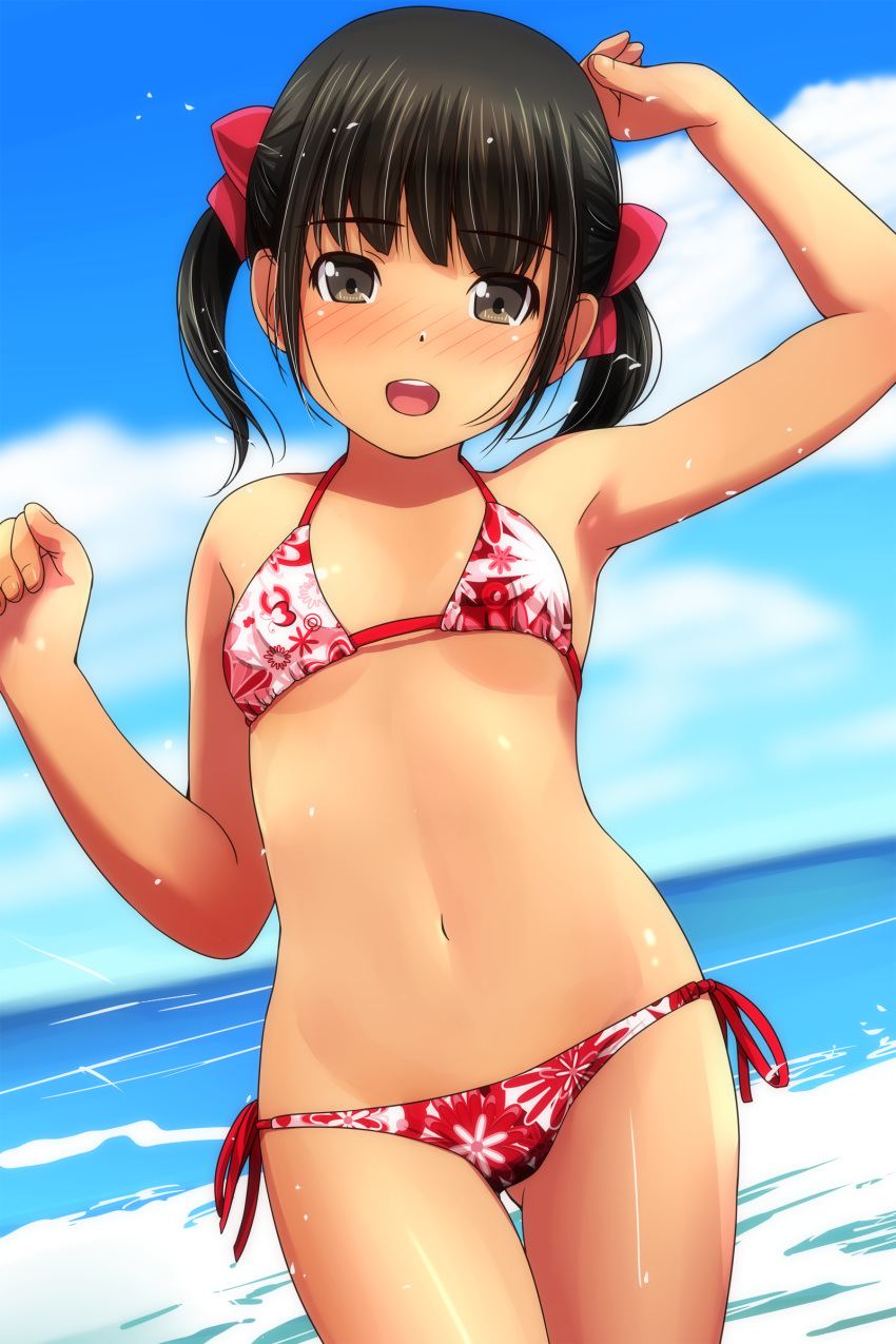 1girl :d absurdres arm_up armpits ass_visible_through_thighs bangs bare_arms bare_shoulders bikini black_hair blue_sky blurry blurry_background blush bow breasts clouds cloudy_sky collarbone day depth_of_field eyebrows_visible_through_hair floral_print hair_bow hand_up highres horizon matsunaga_kouyou navel nose_blush ocean open_mouth original outdoors print_bikini red_bow round_teeth side-tie_bikini sky small_breasts smile solo swimsuit teeth thigh_gap twintails upper_teeth water white_bikini
