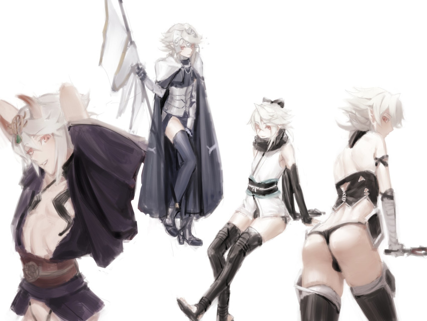 1boy armor ass black_bow boots bow bulge cape closed_mouth contrapposto corrin_(fire_emblem) corrin_(fire_emblem)_(male) corset fate/grand_order fate_(series) fire_emblem fire_emblem_fates fire_emblem_heroes from_behind hair_bow headpiece highres horns jack_the_ripper_(fate/apocrypha) japanese_clothes jeanne_d'arc_(fate)_(all) looking_at_viewer male_focus multiple_views okita_souji_(fate) okita_souji_(fate)_(all) open_mouth red_eyes samsara_(shuukeura) shoulder_blades shuten_douji_(fate/grand_order) smile standard_bearer testicles thigh-highs thigh_boots white_hair