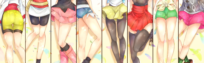 6+girls absurdres bike_shorts black_legwear black_shirt boots brown_footwear cardigan commentary_request crystal_(pokemon) denim denim_shorts dress green_legwear green_shorts grey_cardigan haruka_(pokemon) highres hikari_(pokemon) legs lower_body mei_(pokemon) mizuki_(pokemon) multiple_girls pantyhose pink_dress pink_footwear pink_skirt pokemon pokemon_(game) pokemon_bw pokemon_bw2 pokemon_dppt pokemon_gsc pokemon_rse pokemon_sm pokemon_swsh pokemon_xy red_skirt serena_(pokemon) shirt shoes short_shorts shorts skirt socks tied_shirt touko_(pokemon) yellow_shorts yomogi_(black-elf) yuuri_(pokemon)