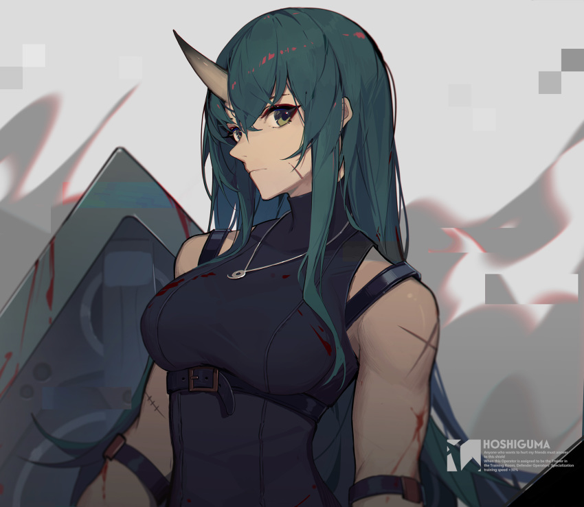 1girl arknights bangs bare_shoulders black_shirt breasts character_name commentary_request facial_scar green_hair grey_eyes hair_ornament hannya_(arknights) highres horns hoshiguma_(arknights) jewelry large_breasts long_hair looking_at_viewer magatama magatama_necklace mongarit necklace scar scar_on_cheek shield shirt single_horn sleeveless sleeveless_shirt solo stitches upper_body