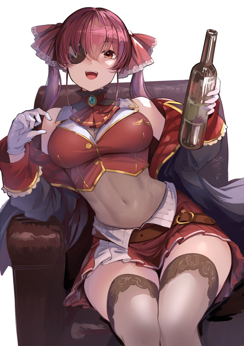 1girl armchair ascot bangs bare_shoulders bodysuit_under_clothes bottle breasts chair commentary covered_navel eyebrows_visible_through_hair eyepatch gloves hair_between_eyes hair_ribbon highres holding holding_bottle hololive houshou_marine jacket koruse large_breasts looking_at_viewer medium_hair miniskirt off_shoulder open_mouth pleated_skirt red_eyes red_jacket red_neckwear red_ribbon red_skirt redhead ribbon simple_background sitting skirt smile solo thigh-highs twintails upper_teeth virtual_youtuber white_background white_gloves wine_bottle