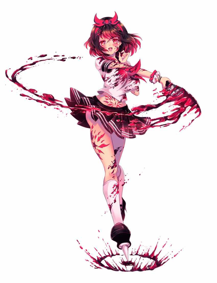 1girl :d bangs black_skirt blood blood_splatter bob_cut bouncing_breasts breasts brown_hair commission english_commentary eyebrows_visible_through_hair hairband highres knife linnea_kataja navel open_mouth original red_eyes school_uniform serafuku short_hair skirt slashing smile solo star_(symbol) yandere