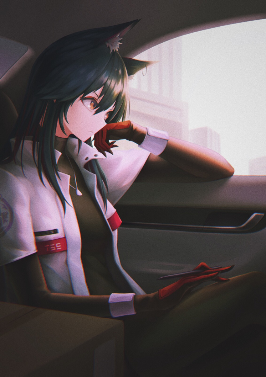 1girl animal_ear_fluff animal_ears arknights bangs black_hair black_legwear black_shirt brown_eyes chinese_commentary commentary_request gloves head_tilt highres holding holding_stylus jacket jewelry long_hair necklace open_clothes open_jacket pantyhose shirt sitting solo stylus tassos texas_(arknights) vehicle_interior white_jacket wolf_ears