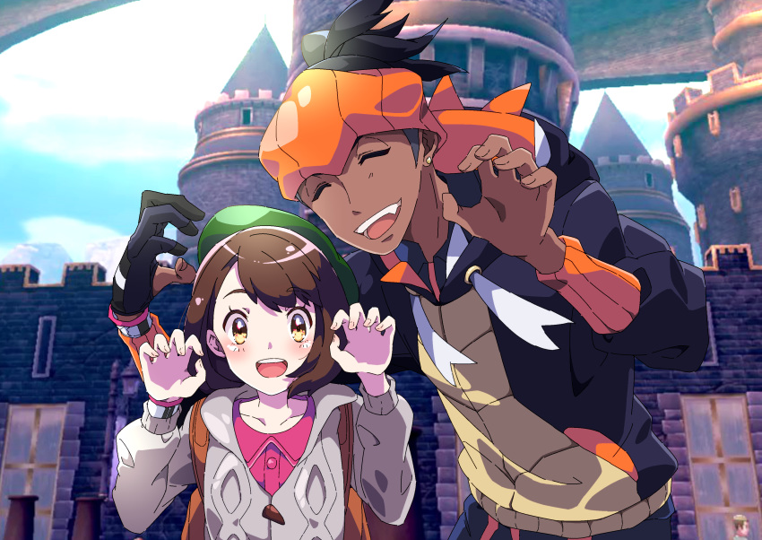 1boy 1girl :d absurdres bangs black_hair blush brown_eyes brown_hair cardigan claw_pose closed_eyes collarbone commentary_request dark_skin dark_skinned_male dress dynamax_band earrings eyelashes gloves green_headwear grey_cardigan gym_leader hat highres jewelry kibana_(pokemon) long_sleeves looking_at_viewer open_mouth orange_headwear outdoors pink_dress pokemon pokemon_(game) pokemon_swsh pon_yui shiny shiny_hair smile tam_o'_shanter teeth tongue wristband yuuri_(pokemon)