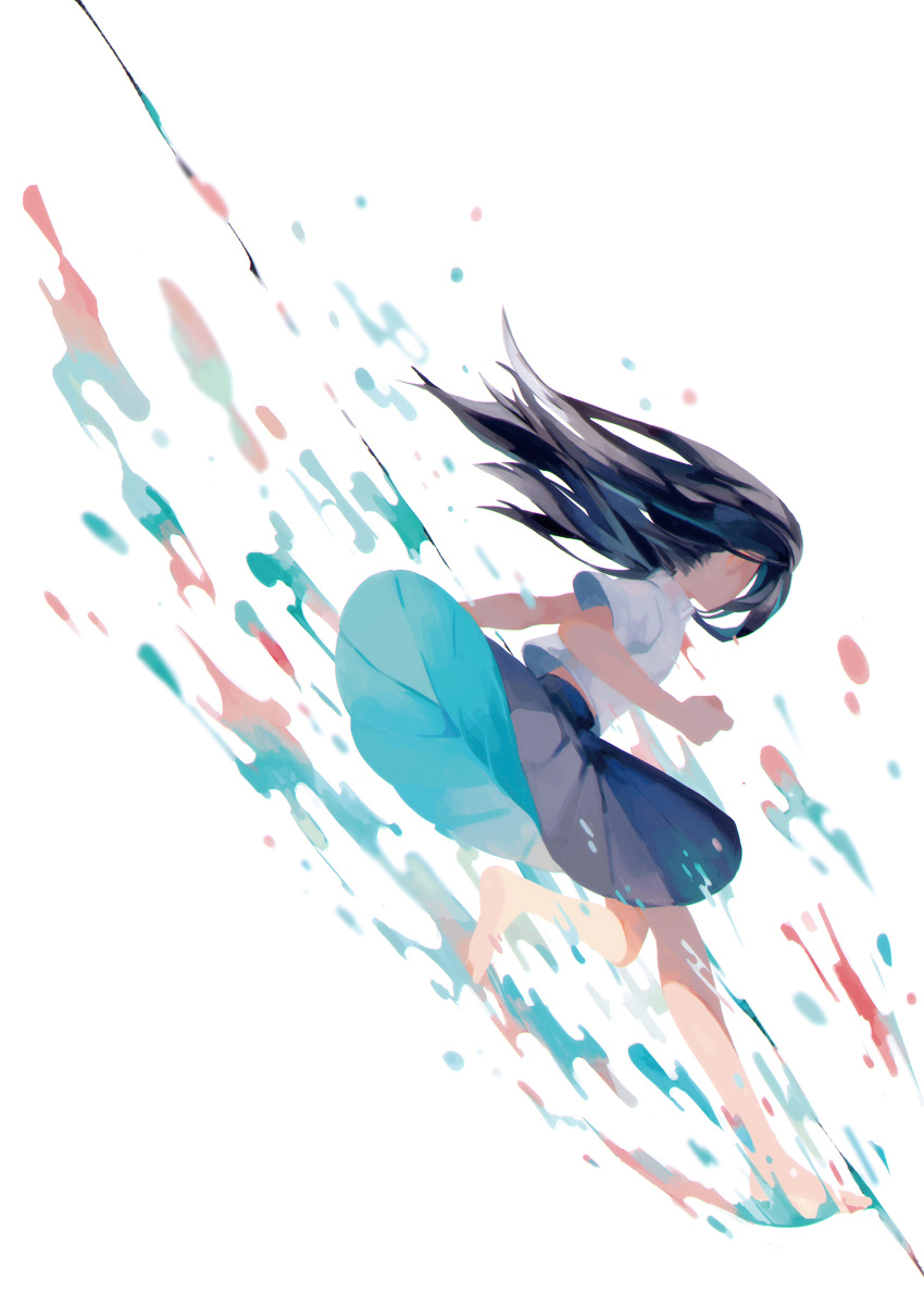 1girl absurdres barefoot black_hair black_skirt clenched_hand highres jumping mamuacid original paint_splatter shirt skirt white_background white_shirt wind