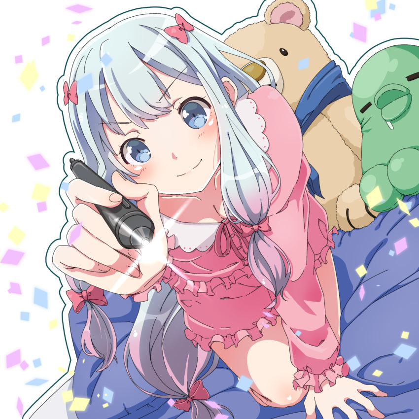 1girl all_fours bangs blue_eyes blush bow closed_mouth collarbone commentary_request eromanga_sensei eyebrows_visible_through_hair eyelashes fingernails hair_bow highres holding holding_stylus izumi_sagiri long_hair looking_at_viewer low-tied_long_hair outline pajamas pink_bow pink_pajamas pon_yui silver_hair smile solo stuffed_animal stuffed_toy stylus white_outline