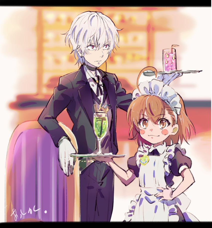 1boy 1girl :3 accelerator ahoge alternate_costume apron artist_name badge bangs black_choker black_dress black_jacket black_legwear black_neckwear blush_stickers bob_cut bolo_tie brown_eyes brown_hair butler button_badge chair choker commentary cup dress dress_shirt enmaided gekota gloves goblet grey_vest hair_between_eyes hand_on_hip height_difference highres holding holding_tray jacket last1031t last_order letterboxed looking_ahead looking_at_viewer maid maid_apron pants parted_lips puffy_short_sleeves puffy_sleeves red_eyes restaurant shirt short_hair short_sleeves signature smile suit_jacket to_aru_kagaku_no_railgun to_aru_majutsu_no_index tray vest white_apron white_gloves white_hair white_shirt