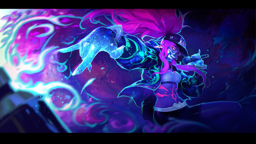 1girl akali alternate_costume bare_shoulders baseball_cap belt blue_eyes bracelet breasts choker dreamway fingerless_gloves gloves glowing glowing_eyes hat high_ponytail highres idol jacket jewelry k/da_(league_of_legends) k/da_akali league_of_legends long_hair looking_at_viewer microphone midriff necklace open_clothes open_jacket ponytail purple_hair redhead sidelocks solo strapless thighs tubetop weapon