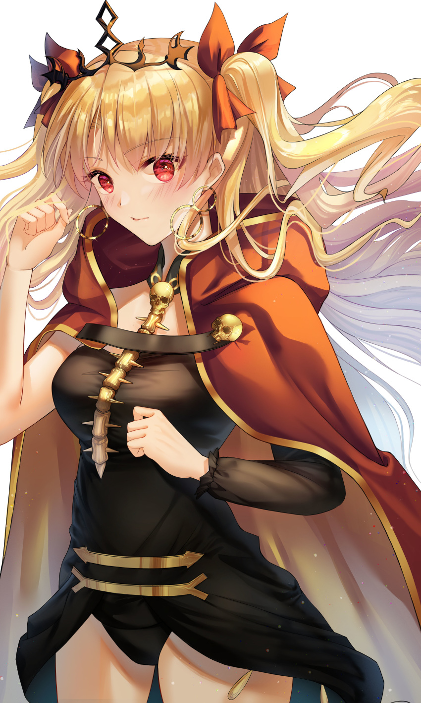 1girl absurdres artist_request asymmetrical_sleeves bangs black_dress blonde_hair blush breasts cape closed_mouth dress earrings ereshkigal_(fate/grand_order) fate/grand_order fate_(series) gold_trim highres hoop_earrings infinity jewelry large_breasts long_hair looking_at_viewer multicolored multicolored_cape multicolored_clothes parted_bangs red_cape red_eyes short_dress single_sleeve skull spine tiara two_side_up yellow_cape