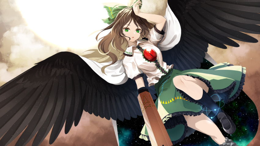 1girl :o akaiha_(akaihasugk) arm_cannon black_footwear bow brown_hair cape clouds collared_shirt control_rod dutch_angle feathered_wings feet_out_of_frame frills green_bow green_eyes green_skirt long_hair looking_at_viewer medium_skirt mismatched_footwear nail_polish reiuji_utsuho shirt shoes short_sleeves single_shoe skirt socks solo starry_sky_print sun touhou weapon white_shirt wings