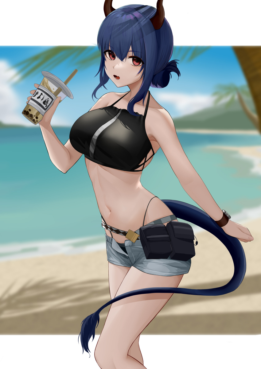 1girl absurdres arknights bikini black_bikini blue_hair blurry breasts bubble_tea bubble_tea_challenge ch'en_(arknights) cup depth_of_field disposable_cup dragon_horns dragon_tail drinking_straw elysion_(16869144) fang female_tourist_c_(arknights) grey_shorts hat highleg highleg_bikini highres holding holding_cup horns large_breasts looking_at_viewer navel no_headwear open_fly red_eyes shorts skin_fang solo swimsuit tail tied_hair