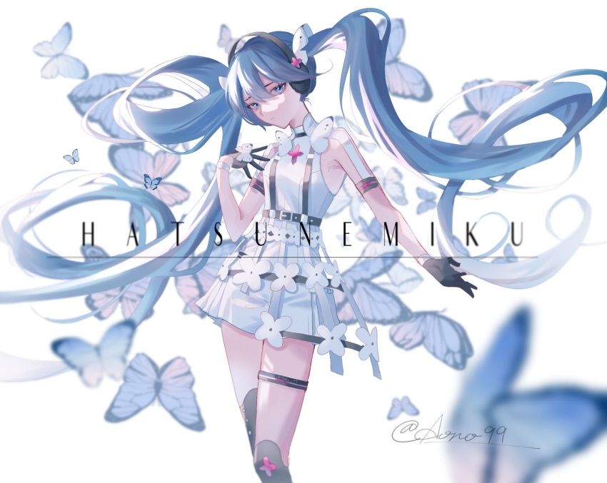 1girl aono_99 black_gloves blue_eyes blue_hair bug butterfly character_name dress gloves hatsune_miku headphones highres insect long_hair looking_at_viewer looking_to_the_side signature solo thigh_strap twintails vocaloid white_dress