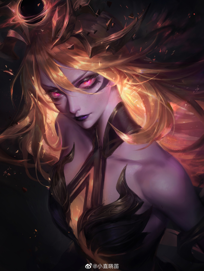 absurdres alternate_costume artist_name bare_shoulders blonde_hair collared_dress dark_cosmic_lux dress flute_(artist) glowing glowing_eyes glowing_hair headpiece highres league_of_legends lipstick long_hair looking_at_viewer looking_to_the_side luxanna_crownguard makeup purple_lipstick red_eyes standing