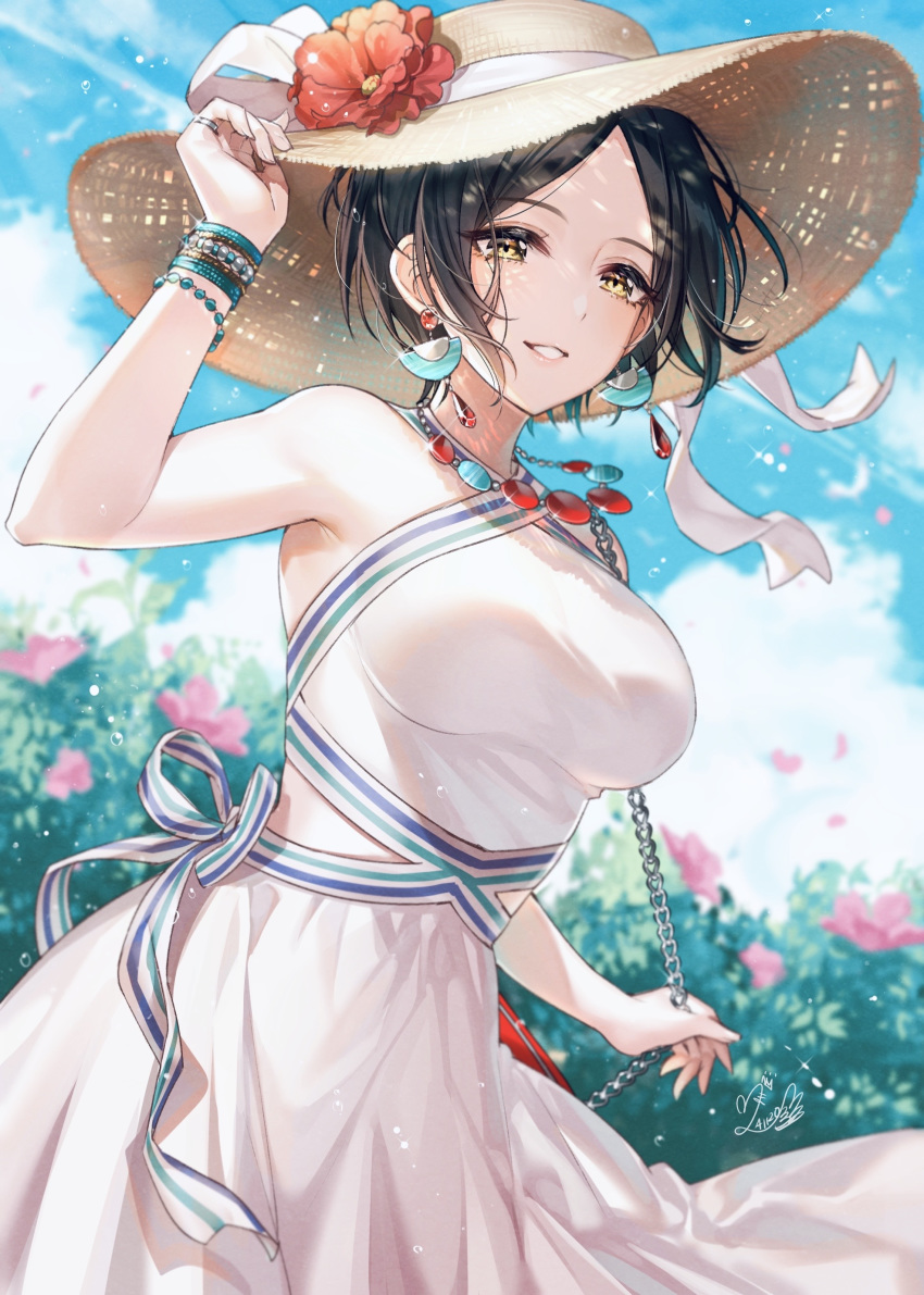 1girl absurdres bag bangs black_hair blue_sky blush bracelet breasts bush chain cowboy_shot day dress earrings flower halter_dress hand_on_headwear handbag hat hat_flower hat_ornament hayami_kanade highres idolmaster idolmaster_cinderella_girls jewelry looking_at_viewer mairo medium_breasts outdoors parted_bangs parted_lips red_flower short_hair shoulder_bag sky sleeveless sleeveless_dress smile solo straw_hat sundress yellow_eyes