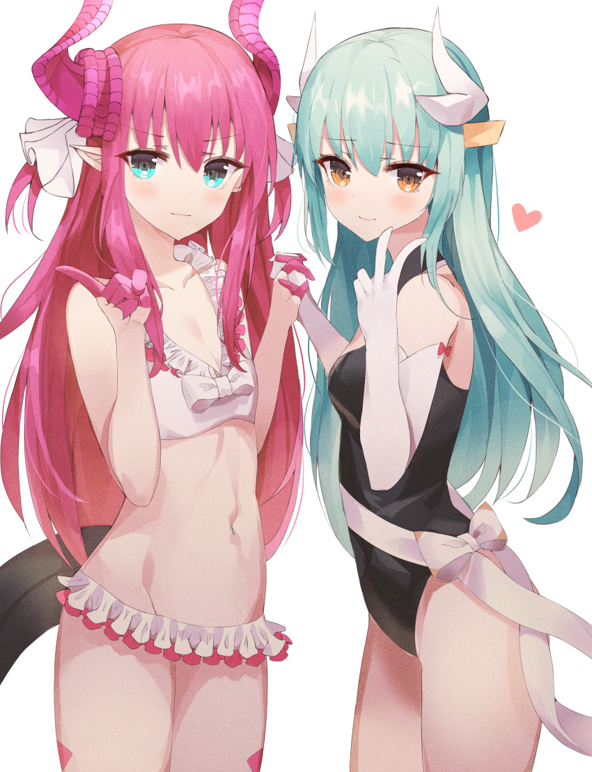 2girls absurdres bikini blue_eyes breasts commentary_request curled_horns elbow_gloves elizabeth_bathory_(fate) elizabeth_bathory_(fate)_(all) fate/extra fate/extra_ccc fate/grand_order fate_(series) frilled_bikini frills gloves green_hair hair_ribbon heart highres holding_hands horns interlocked_fingers kiyohime_(fate/grand_order) long_hair looking_at_viewer multiple_girls navel one-piece_swimsuit pink_hair pink_horns pointy_ears ribbon shaffelli silver_hair simple_background small_breasts swimsuit tail white_background white_bikini white_gloves white_horns white_ribbon yellow_eyes