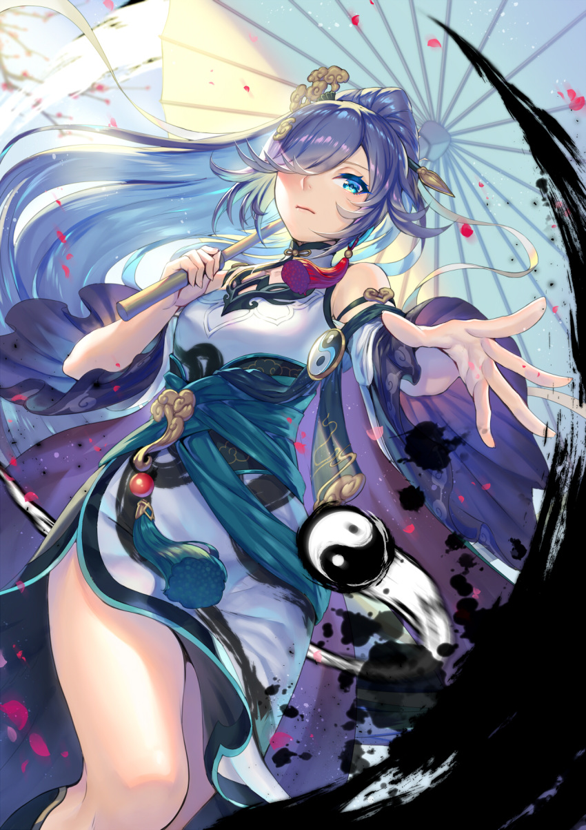 1girl blue_eyes blue_hair china_dress chinese_clothes dress from_below fu_hua hair_over_eyes highres honkai_(series) honkai_impact_3rd long_hair long_ponytail looking_down one_eye_covered outstretched_arm over_shoulder poshii_(posy) reaching_out solo tied_hair umbrella yin_yang