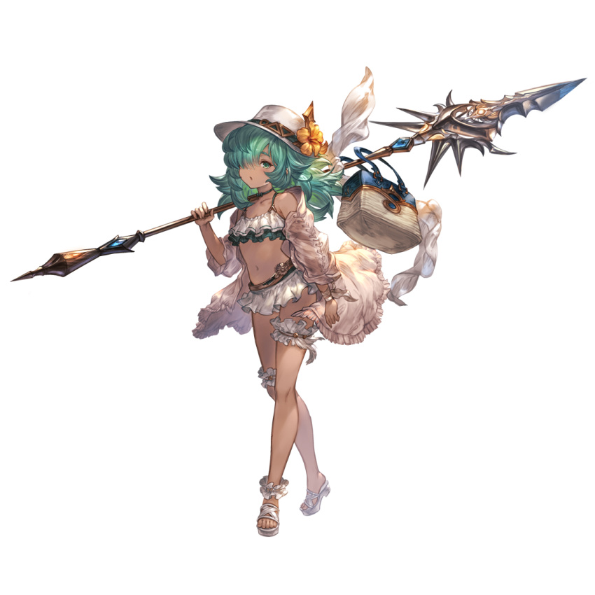 1girl alpha_transparency bag bangs bikini bikini_skirt choker collarbone dark_skin flower full_body granblue_fantasy green_choker green_hair hair_over_one_eye hat hat_flower holding holding_spear holding_weapon jacket kolulu_(granblue_fantasy) leg_garter long_hair long_sleeves looking_at_viewer minaba_hideo navel official_art open_clothes open_jacket over_shoulder polearm sandals solo spear standing swimsuit transparent_background weapon weapon_over_shoulder white_bikini white_footwear white_headwear white_jacket yellow_flower