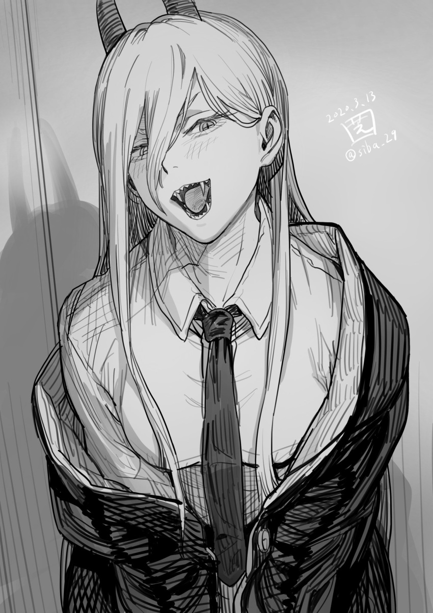 +_+ 1girl artist_name blush chainsaw_man clothes_around_waist collared_shirt dated demon_girl demon_horns eyebrows_behind_hair fangs grey_background greyscale hair_behind_ear hair_between_eyes head_tilt highres horns jacket jacket_around_waist long_hair looking_to_the_side monochrome necktie neckwear off_shoulder open_clothes open_jacket open_mouth power_(chainsaw_man) sharp_teeth shiba_itsuki shirt simple_background solo teeth twitter_username upper_body very_long_hair