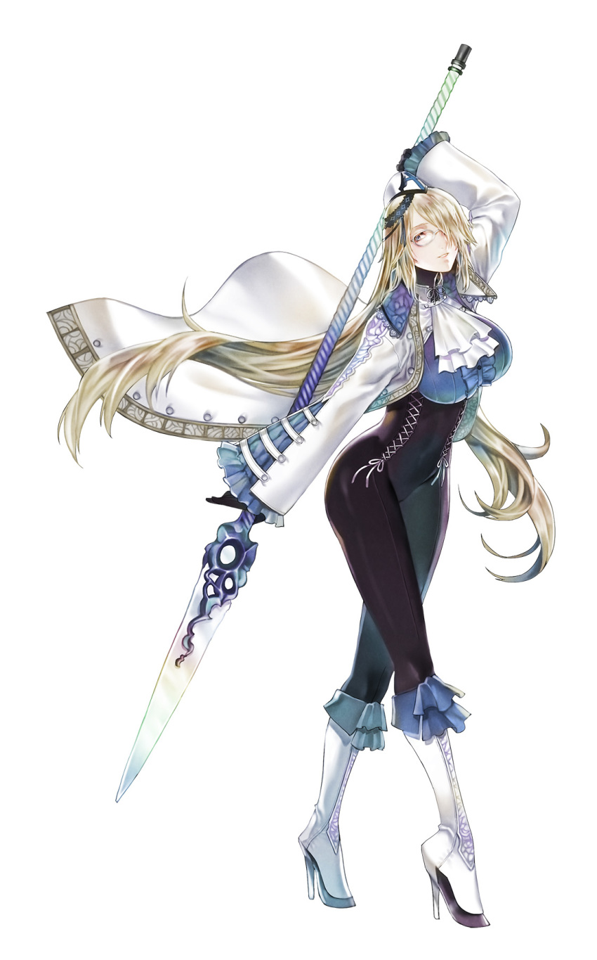 1girl blonde_hair bloodstained:_curse_of_the_moon_2 bloodstained_(series) boots covered_navel dominique_(bloodstained) frilled_sleeves frills full_body glasses hair_over_one_eye hat high_heel_boots high_heels highres long_hair looking_at_viewer natsume_yuji official_art parted_lips polearm simple_background solo spear very_long_hair weapon white_footwear