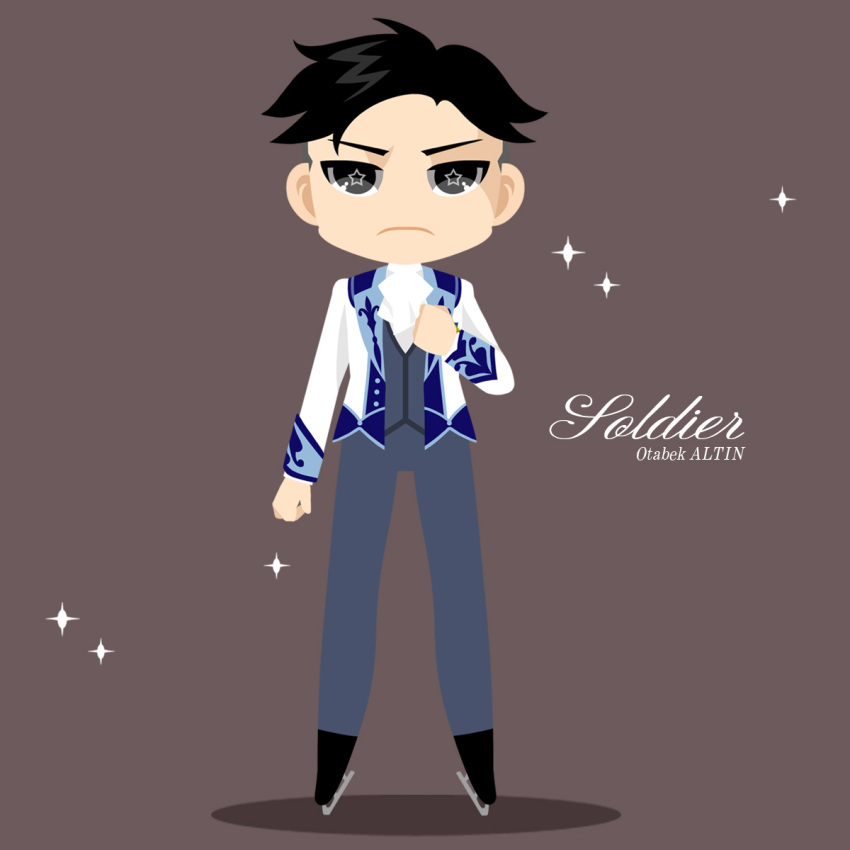 1boy black_hair character_name clenched_hand cravat english_text grey_eyes grey_pants highres ice_skates jacket kaorin_minogue male_focus otabek_altin pants skates sparkle star-shaped_pupils star_(symbol) symbol-shaped_pupils yuri!!!_on_ice