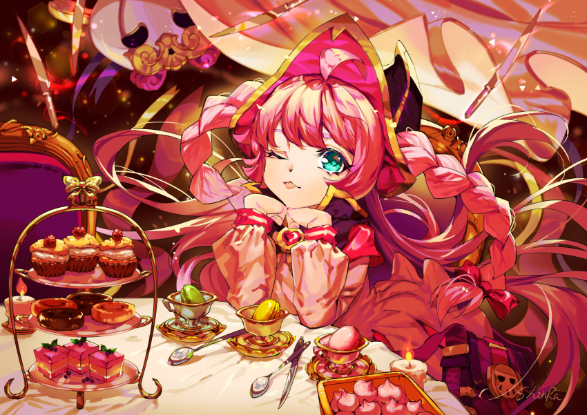ahoge artist_name bag bangs blue_eyes braid candle chair cup cupcake dessert dress elbows_on_table food handbag heart highres knife macaron one_eye_closed petit_four pink_dress pink_headwear shinra_(user_shinra) sitting spoon table teacup tiered_tray tongue tongue_out twin_braids