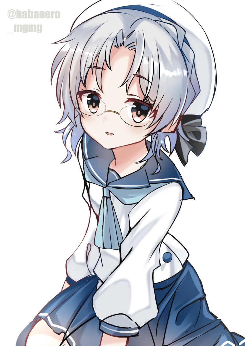 1girl blue_neckwear blue_ribbon blue_sailor_collar blue_skirt brown_eyes fathom glasses gloves grey_hair hat highres hirato_(kantai_collection) kantai_collection long_sleeves looking_at_viewer neckerchief pleated_skirt ribbon sailor_collar sailor_hat school_uniform serafuku short_hair simple_background skirt solo twitter_username wavy_hair white_background white_gloves white_headwear