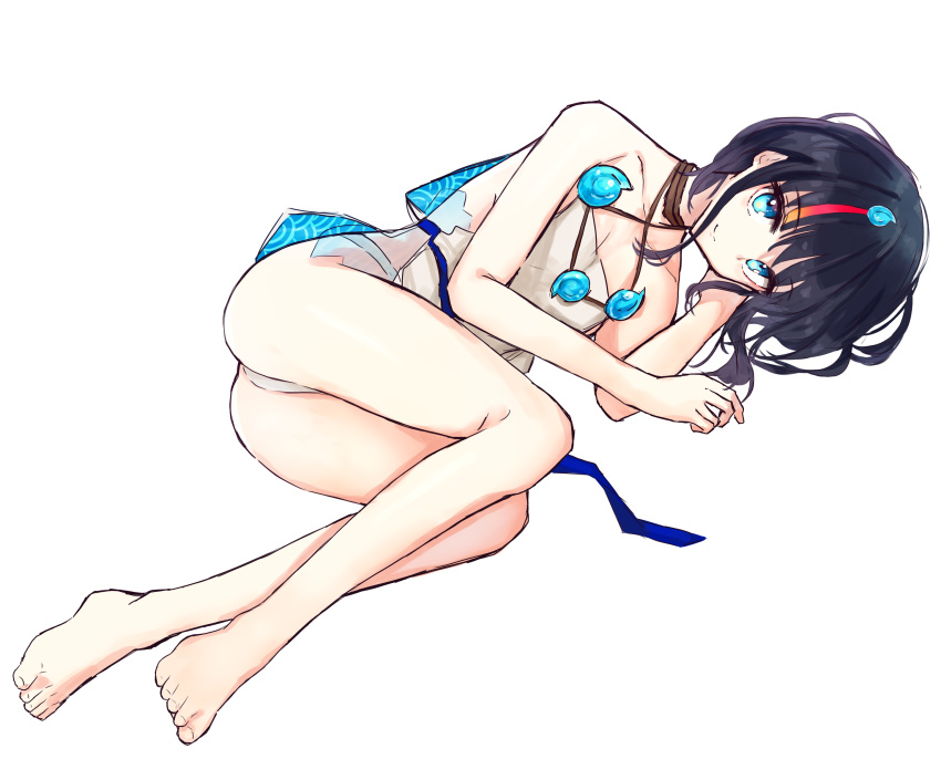 1girl absurdres artist_request bangs bare_shoulders barefoot black_hair blue_eyes blue_ribbon blush breasts closed_mouth collarbone dress fate/grand_order fate/requiem fate_(series) feet fundoshi highres japanese_clothes jewelry large_breasts legs looking_at_viewer lying magatama magatama_hair_ornament medium_hair multicolored_hair necklace on_side pelvic_curtain pink_hair ribbon short_dress sideboob sideless_outfit sleeveless sleeveless_dress smile streaked_hair thighs utsumi_erise white_dress