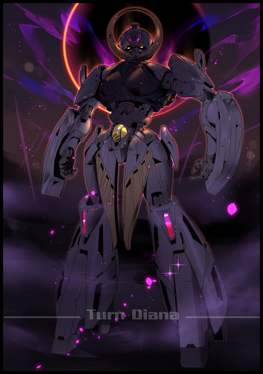 absurdres arms_at_sides black_border border eclipse facial_hair facial_mark forehead_mark gundam highres joints looking_at_viewer machine mecha moonlight_butterfly mustache no_humans robot_joints solar_eclipse turn_a_gundam turn_a_gundam_(mobile_suit) yellow_eyes zhu_fun