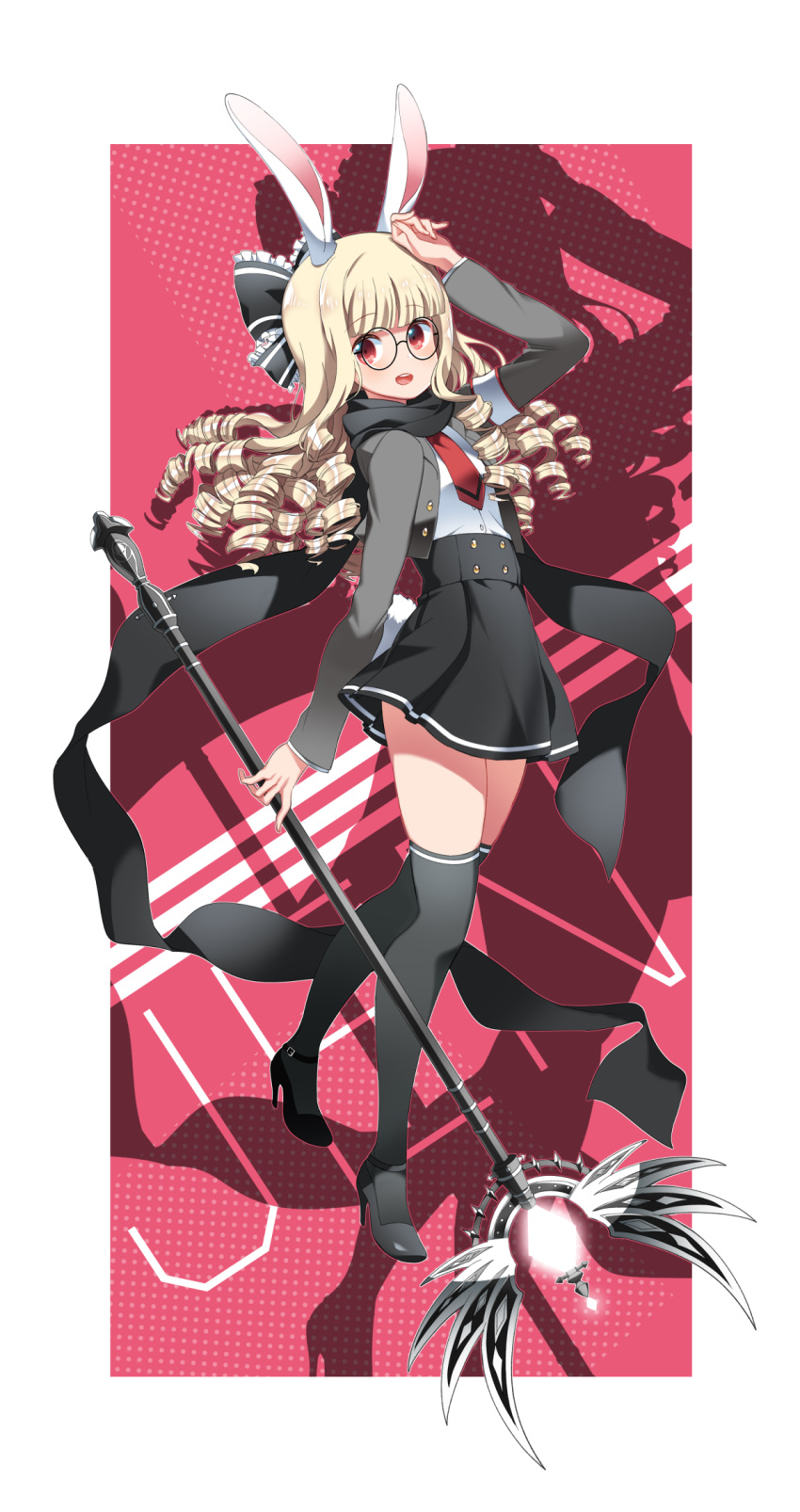1girl animal_ears background_text blonde_hair bunny_tail drill_hair elin eyebrows_visible_through_hair glasses hair_ribbon high_heels highres holding holding_staff long_sleeves necktie open_mouth original rabbit_ears red_eyes ribbon ringlets round_eyewear scarf skirt staff tail tera_online thigh-highs wen9 zettai_ryouiki