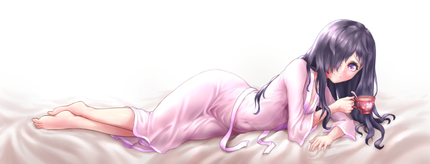 1girl absurdres artoise barefoot black_hair blush breasts burn_scar closed_mouth covered_navel cup hair_over_one_eye highres holding holding_cup ikezawa_hanako katawa_shoujo long_hair looking_at_viewer lying on_side pajamas scar shiny shiny_hair shiny_skin simple_background small_breasts smile solo violet_eyes white_background