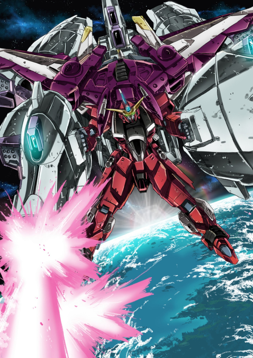 clenched_hands firing garimpeiro glowing glowing_eyes green_eyes gundam gundam_seed highres justice_gundam laser mecha mechanical_wings meteor_(gundam) no_humans planet solo v-fin wings