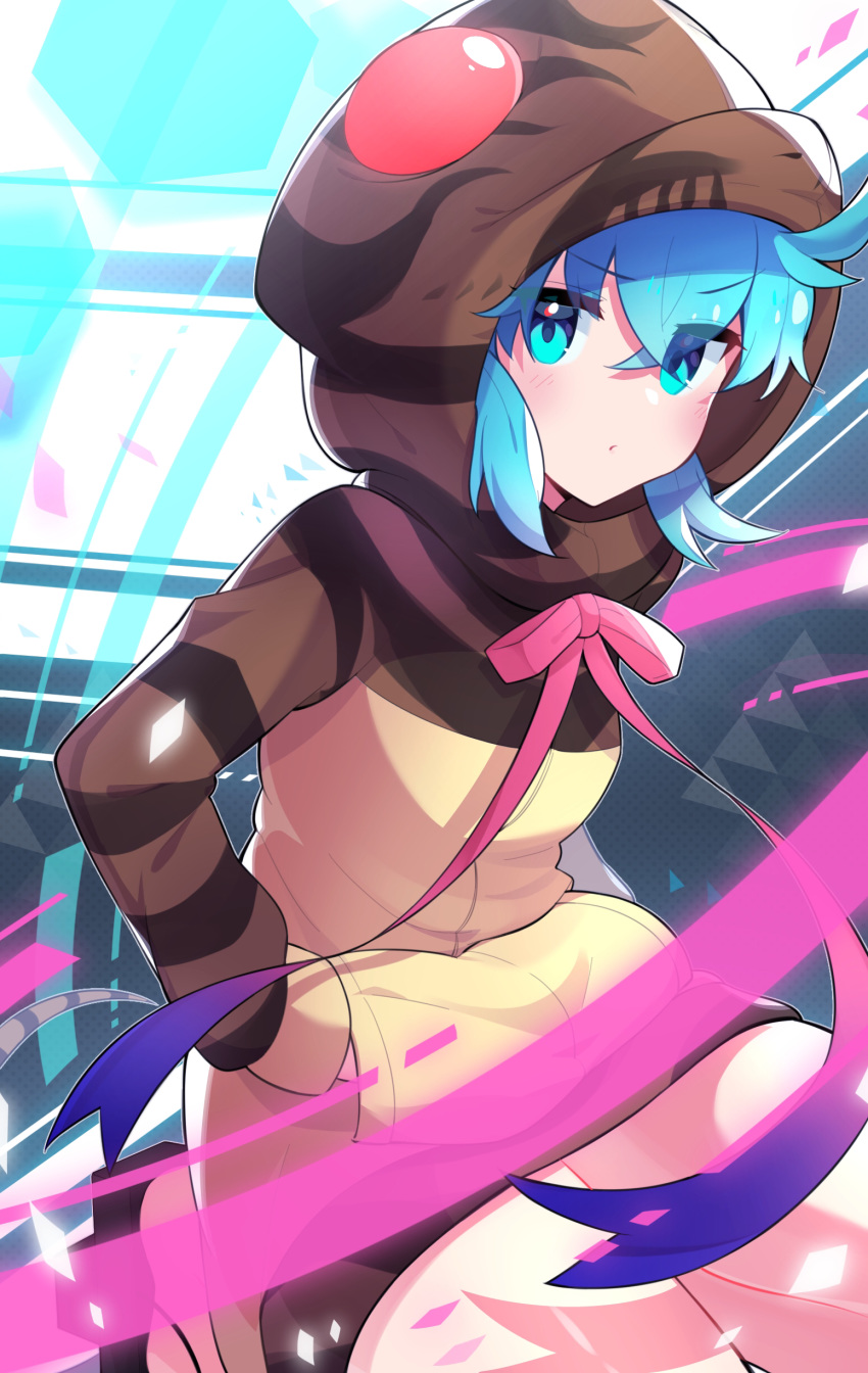 1girl absurdres blue_eyes blue_hair blush bow closed_mouth eyebrows_visible_through_hair hands_in_pockets highres hood hood_up hoodie kemono_friends long_sleeves looking_at_viewer pink_bow pink_ribbon ribbon short_hair snake_tail solo tail takosuke0624 tsuchinoko_(kemono_friends)