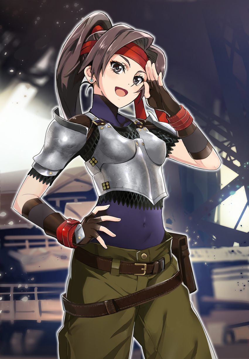 1girl :d armor bangs belt belt_pouch black_gloves bodysuit_under_clothes boobplate breastplate breasts brown_belt brown_eyes brown_hair chainmail commentary covered_collarbone covered_navel cowboy_shot earrings elbow_sleeve final_fantasy final_fantasy_vii final_fantasy_vii_remake fingerless_gloves fishnet_top gloves green_pants hand_on_hip headband highres impossible_armor jessie_rasberry jewelry long_hair looking_at_viewer nyoro_(nyoronyoro000) open_mouth pants parted_bangs ponytail pouch red_headband salute shoulder_armor sidelocks smile solo standing