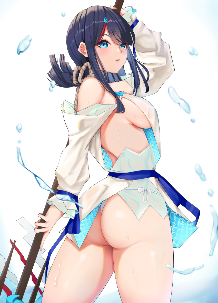 1girl absurdres ass back bangs bare_shoulders black_hair blue_eyes blue_ribbon blush breasts cromwellb dress fate/grand_order fate/requiem fate_(series) fundoshi highres japanese_clothes jewelry large_breasts long_sleeves looking_at_viewer looking_back magatama magatama_hair_ornament medium_hair multicolored_hair necklace pelvic_curtain pink_hair polearm puffy_long_sleeves puffy_sleeves ribbon short_dress sideboob sideless_outfit spear streaked_hair thighs utsumi_erise water weapon white_background white_dress