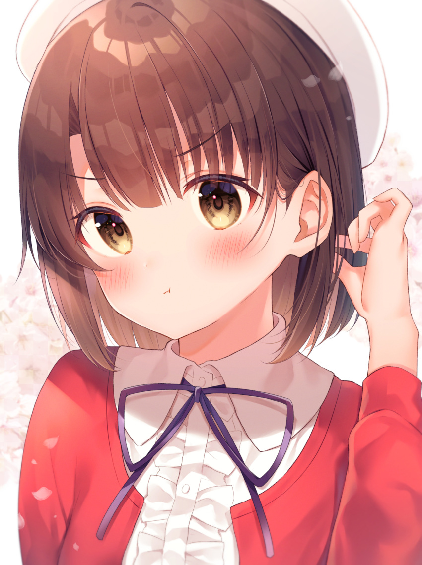 1girl :t bangs beret blue_ribbon blush brown_eyes brown_hair center_frills closed_mouth collared_shirt commentary_request eyebrows_visible_through_hair floral_background frills gyozanuko hand_up hat highres jacket katou_megumi long_sleeves looking_at_viewer neck_ribbon open_clothes open_jacket petals pout red_jacket ribbon saenai_heroine_no_sodatekata shirt solo upper_body v-shaped_eyebrows white_headwear white_shirt