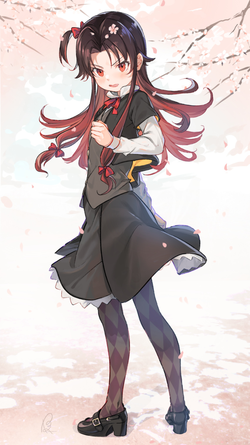 1girl absurdres al_mican black_footwear black_hair blush bow branch cherry_blossoms flower hair_bow highres long_hair multicolored multicolored_hair open_mouth petals pink_flower red_bow red_eyes redhead ryuuou_no_oshigoto! side_ponytail signature solo spring_(season) standing uniform yashajin_ai