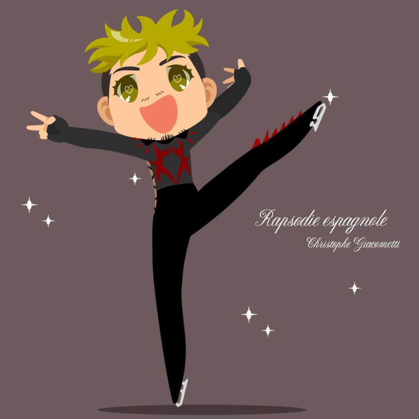 1boy :d blonde_hair bodysuit character_name christophe_giacometti facial_hair green_eyes heart heart-shaped_pupils highres ice_skates kaorin_minogue male_focus open_mouth skates smile spanish_text sparkle standing standing_on_one_leg symbol-shaped_pupils yuri!!!_on_ice