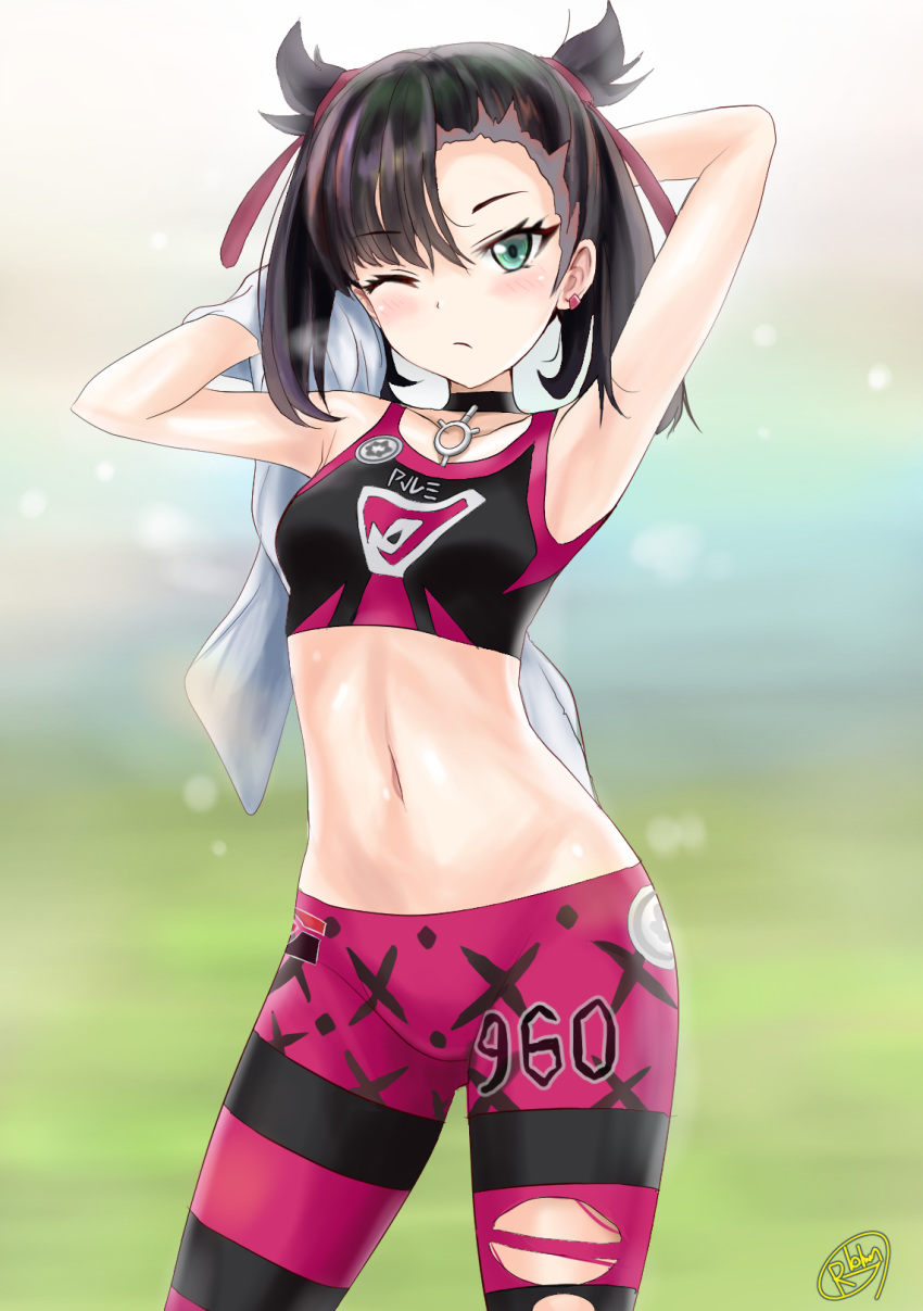 1girl armpits asymmetrical_bangs bangs black_hair blurry blurry_background choker closed_mouth collarbone crop_top earrings green_eyes hair_ribbon highres holding holding_towel jewelry long_hair looking_at_viewer mary_(pokemon) midriff navel one_eye_closed pokemon pokemon_(game) pokemon_swsh r-binon red_ribbon ribbon shiny shiny_hair skin_tight solo standing stomach towel two_side_up