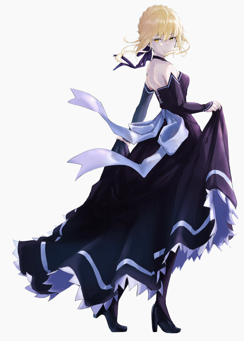 absurdres alternate_costume artoria_pendragon_(all) backless_dress backless_outfit blonde_hair braid dress dress_lift fate/stay_night fate_(series) french_braid hair_between_eyes high_heels highres light_smile looking_at_viewer mr.doukotsu pantyhose saber saber_alter shoulder_blades skirt_hold strapless strapless_dress white_background yellow_eyes