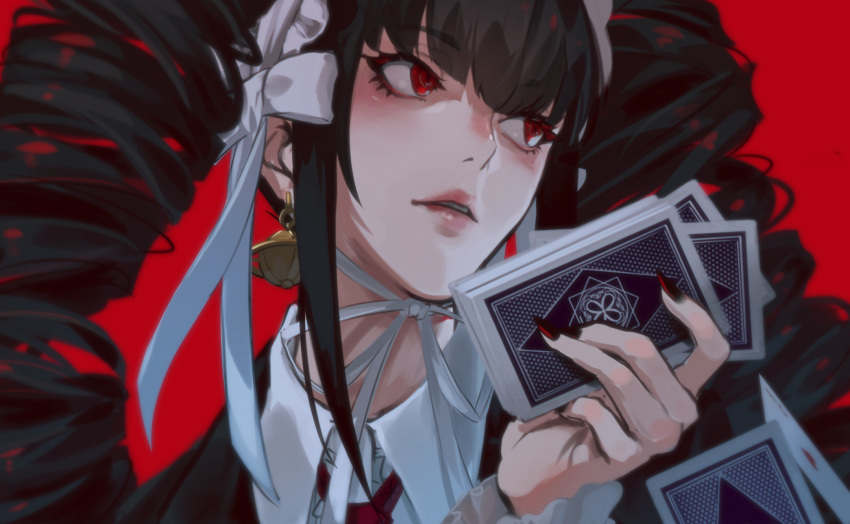 1girl bangs black_hair black_nails celestia_ludenberck dangan_ronpa dangan_ronpa_1 drill_hair earrings eyebrows_visible_through_hair face gothic_lolita hairband highres holding holding_playing_card jewelry lolita_fashion long_hair looking_at_viewer nail_polish necktie oone0206 red_background red_eyes ribbon simple_background solo twin_drills twintails white_ribbon