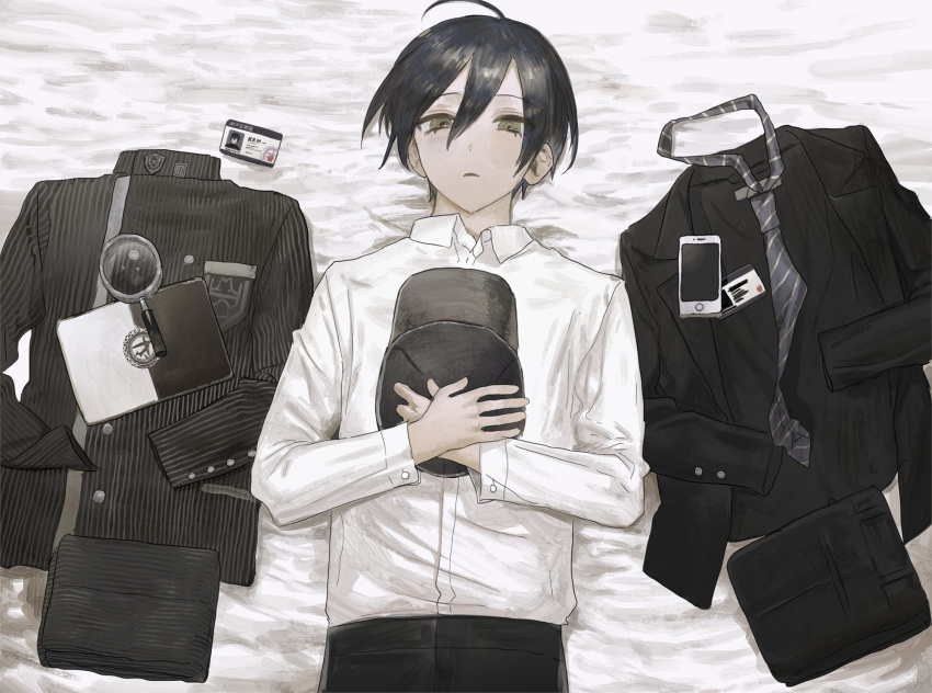 1boy ahoge bangs black_hair black_headwear black_jacket black_pants brown_eyes cellphone closed_mouth collared_shirt commentary dangan_ronpa expressionless from_above hair_between_eyes hat hat_removed headwear_removed highres holding id_card jacket jacket_removed long_sleeves looking_at_viewer lying mabelmine male_focus new_dangan_ronpa_v3 on_back pants phone saihara_shuuichi school_uniform shirt short_hair smartphone solo white_shirt wing_collar