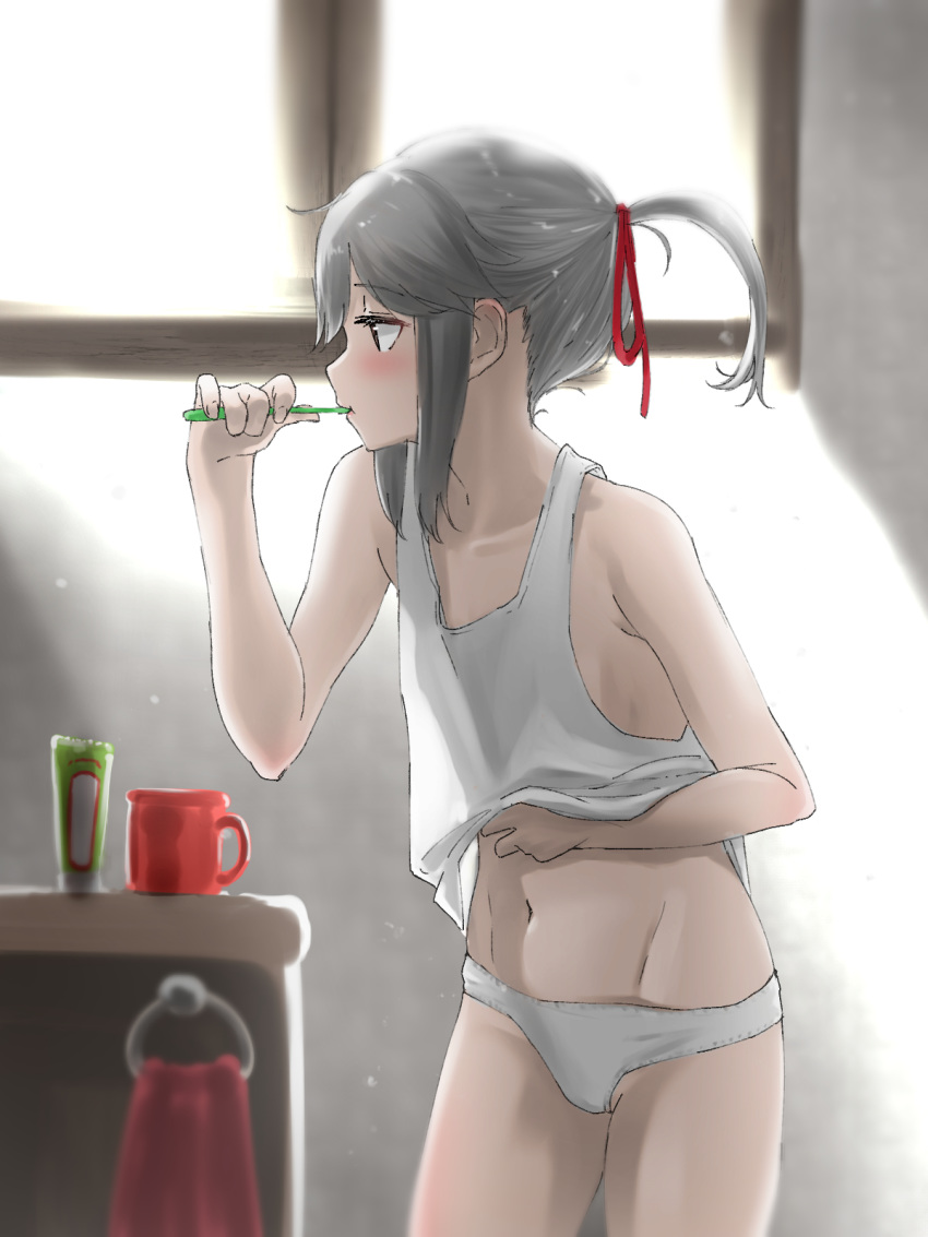 1girl bare_shoulders blush brown_eyes brushing_teeth cup eyebrows_visible_through_hair grey_hair groin hair_ribbon highres indoors kantai_collection long_hair navel panties ponytail profile red_ribbon ribbon shirt sleeveless sleeveless_shirt solo sunlight tama_(seiga46239239) toothbrush underwear usugumo_(kantai_collection) white_panties white_shirt window